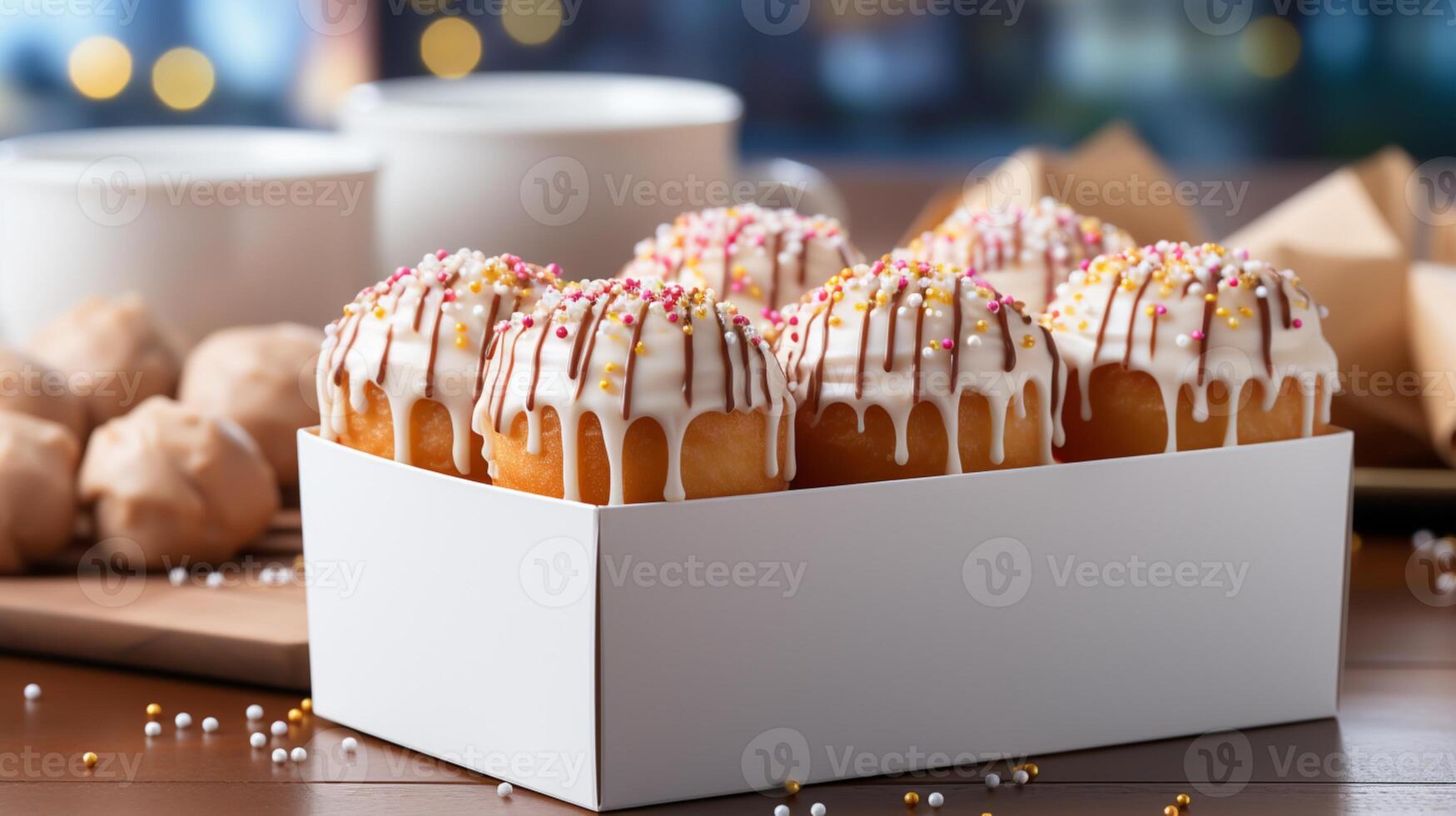 ai generiert Krapfen Sahne Belag und Box Kuchen Dessert foto