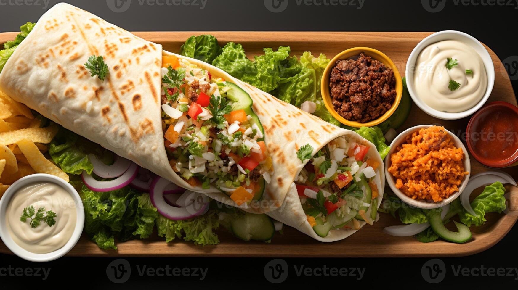 ai generiert Burrito Tortilla mit Gemüse zum gesund Essen foto