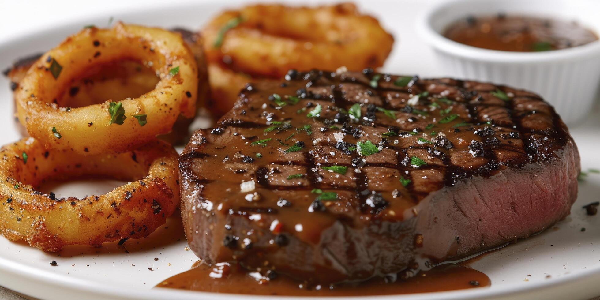 ai generiert ein Steak serviert mit Pfefferkorn Soße und begleitet durch Zwiebel Ringe, vorgestellt auf ein Weiß Hintergrund. foto
