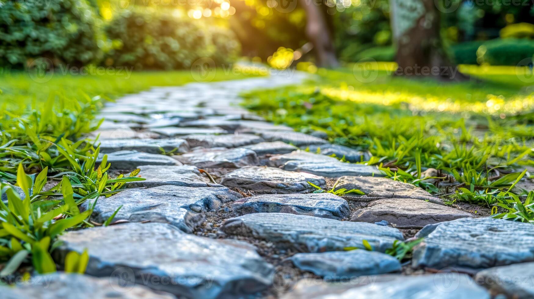 ai generiert heiter Garten Pfad beim Sonnenuntergang foto