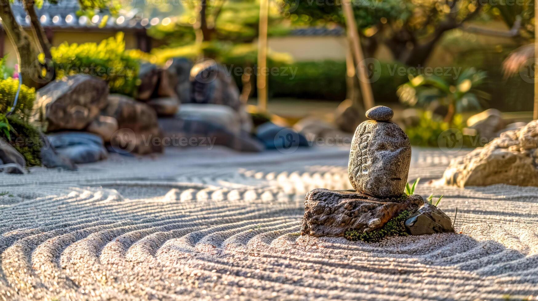 ai generiert heiter Zen Garten beim Sonnenuntergang foto