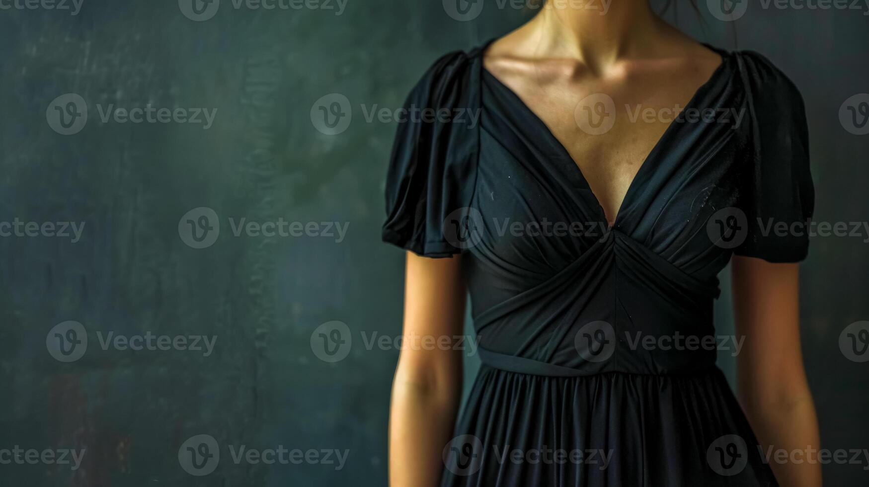 ai generiert elegant schwarz Kleid auf unbekannt Frau foto