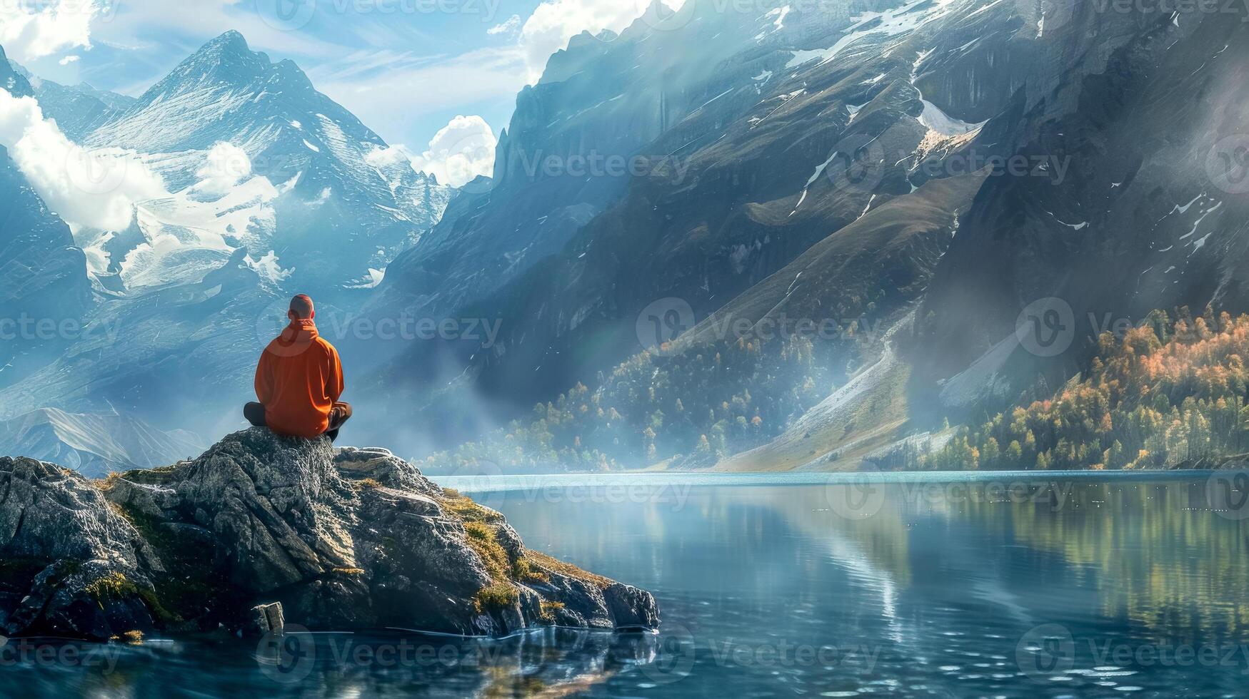 ai generiert Person im Orange meditieren auf ein Felsen durch ein still Berg See foto