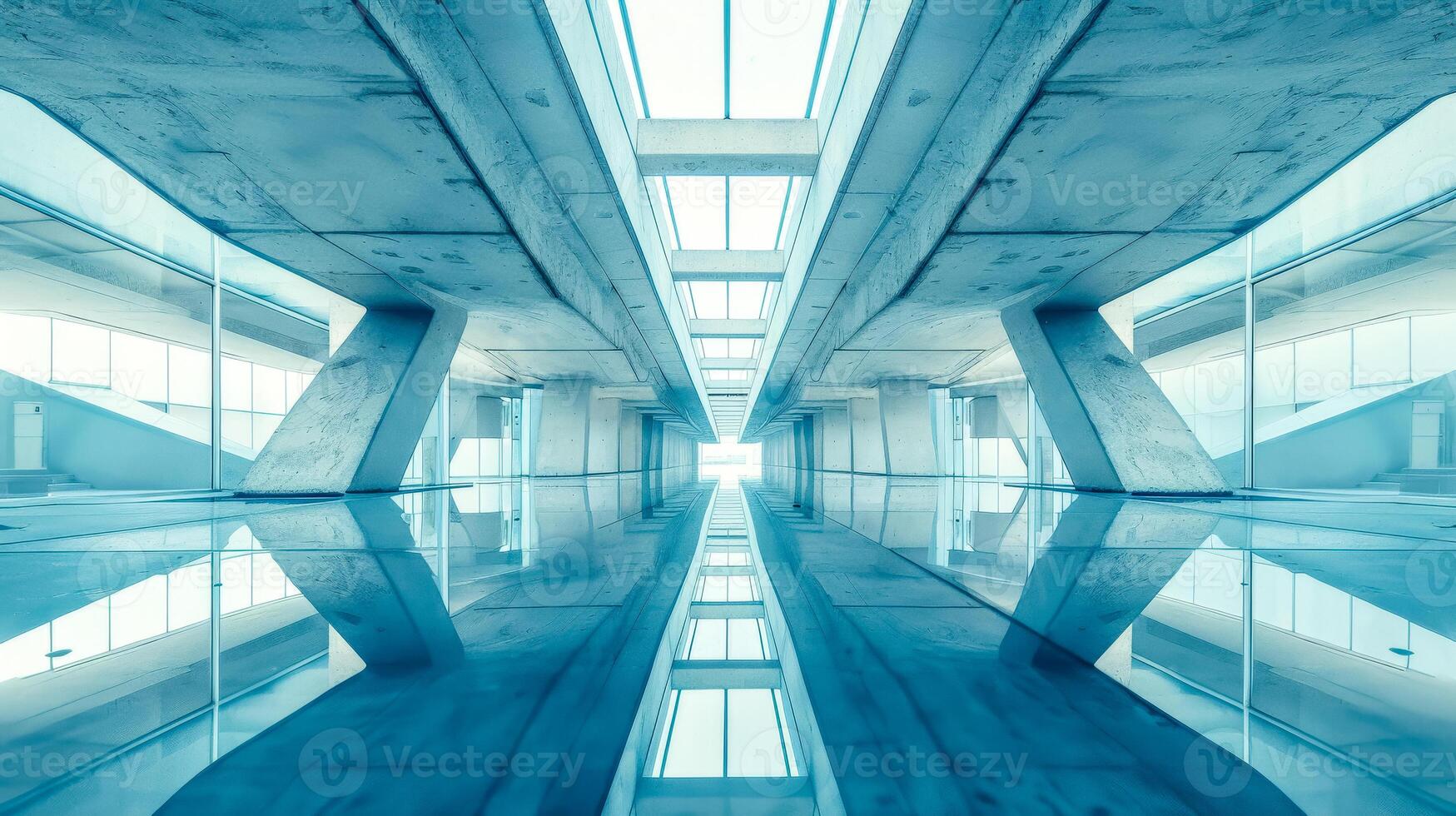 ai generiert symmetrisch Aussicht von ein modern architektonisch Gang mit ein cool Blau Ton foto