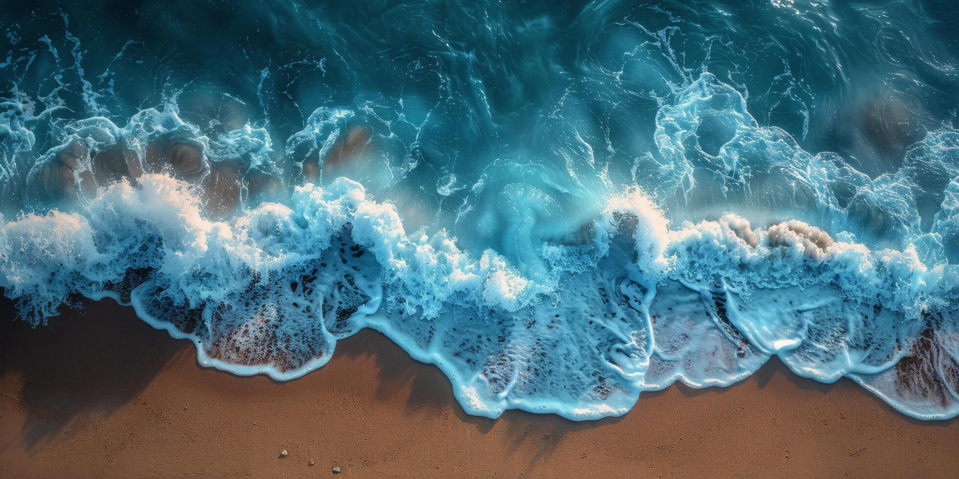 ai generiert Antenne Aussicht von Strand mit abstürzen Wellen foto