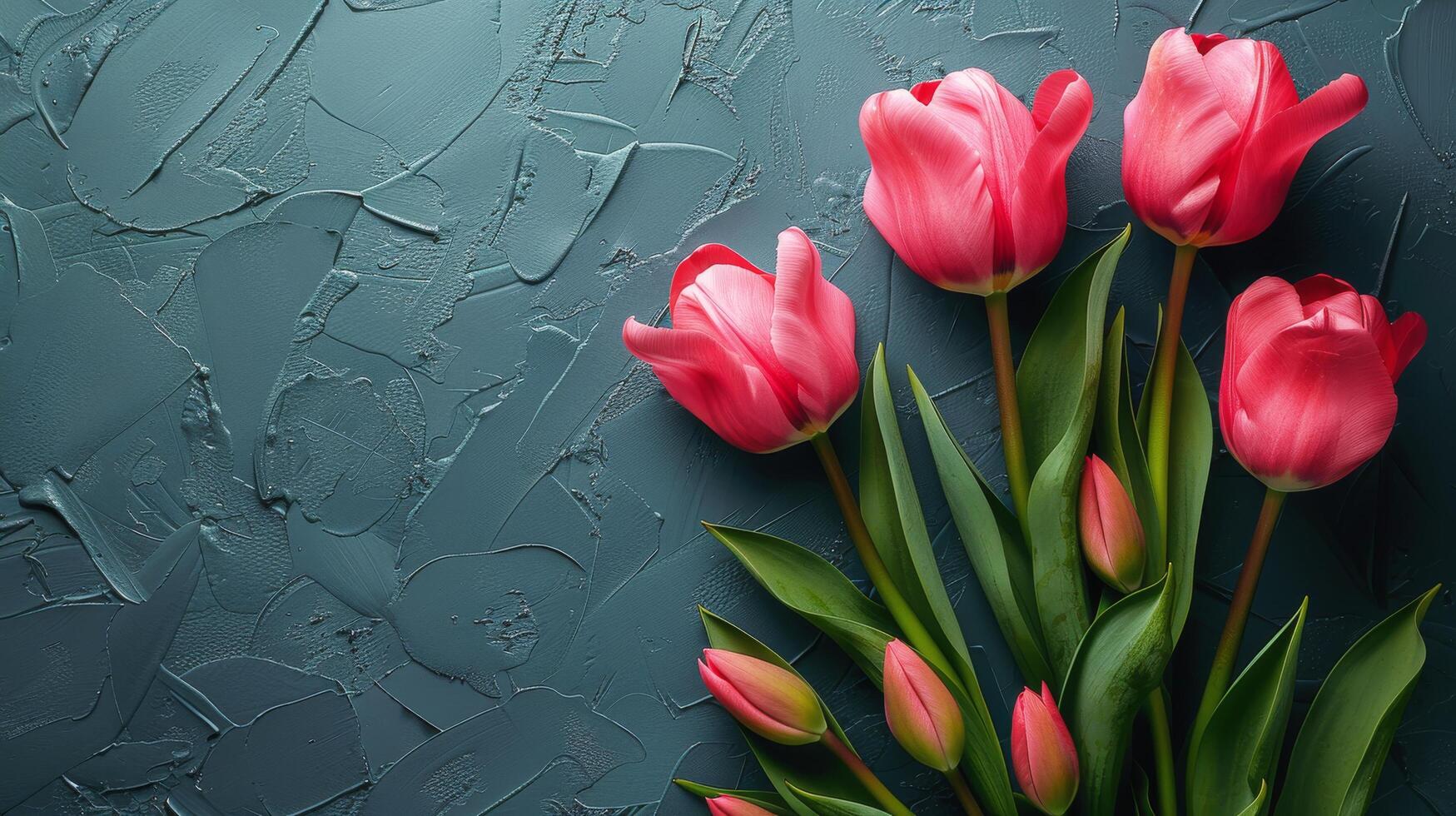 ai generiert Rosa Tulpen Strauß auf Blau Hintergrund foto