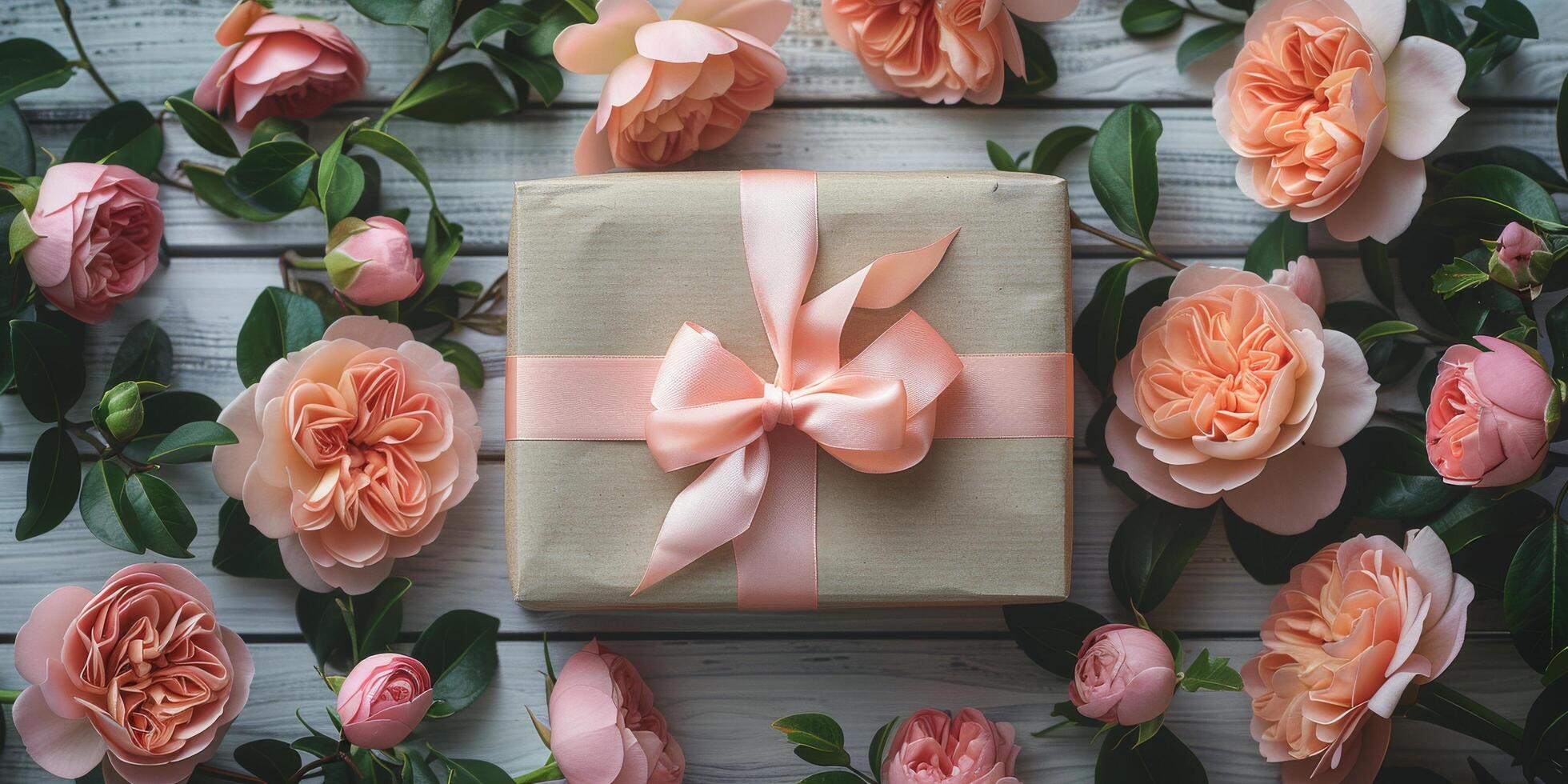 ai generiert Geschenk Box geschmückt mit Rosa Band und Blumen foto