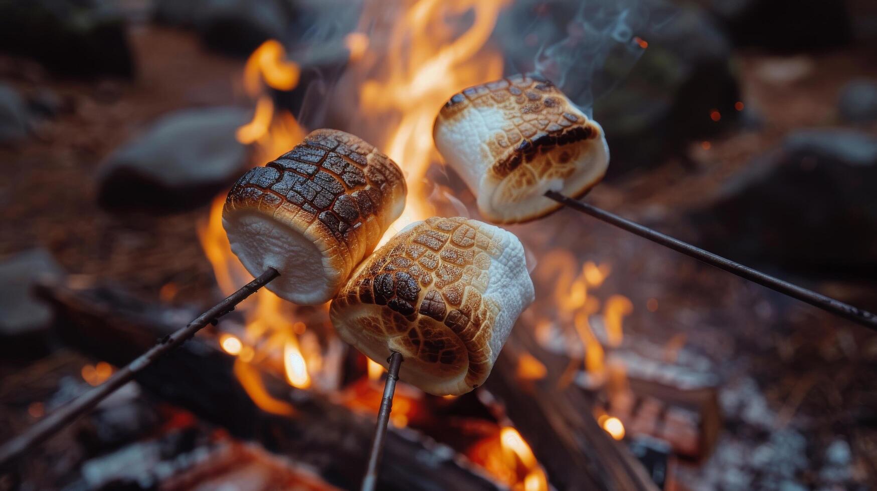 ai generiert zwei Marshmallows Braten Über Lagerfeuer foto