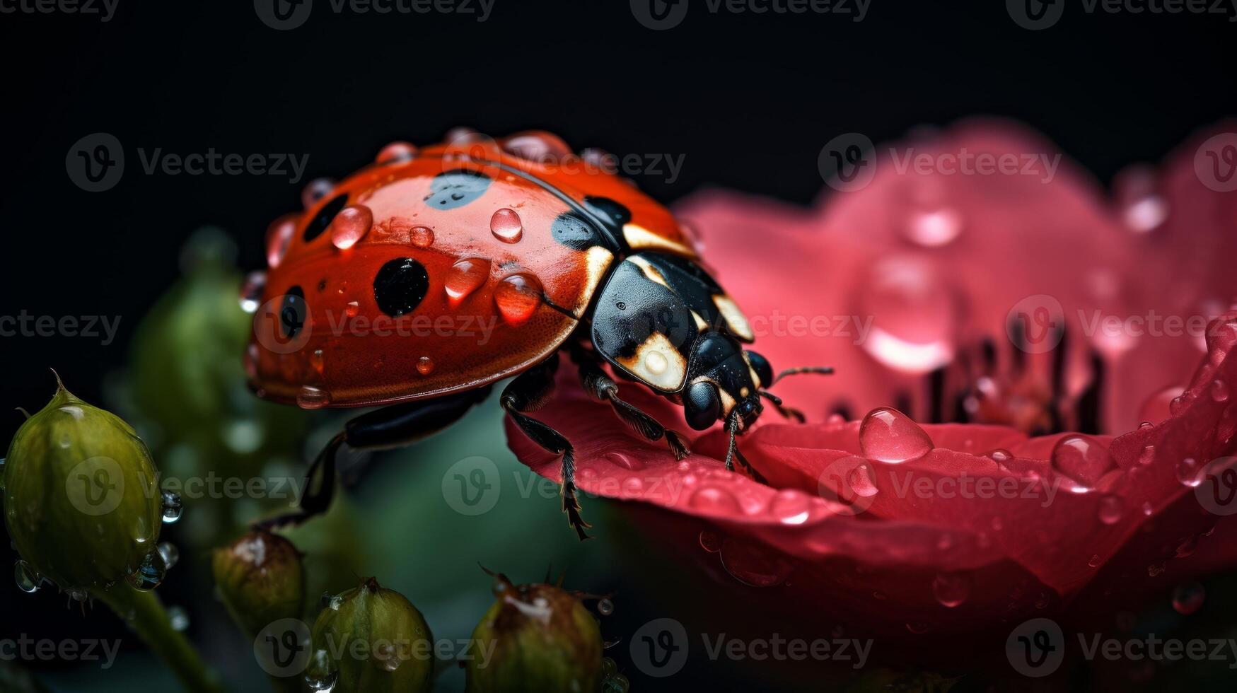 ai generiert Wald Insekt auf ein Blume, Makro Tierwelt Fotografie foto