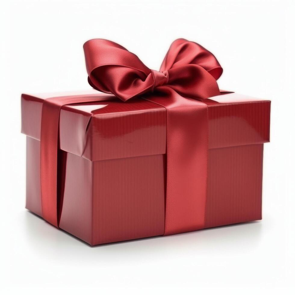 ai generiert rot Geschenk Box mit groß Bogen foto