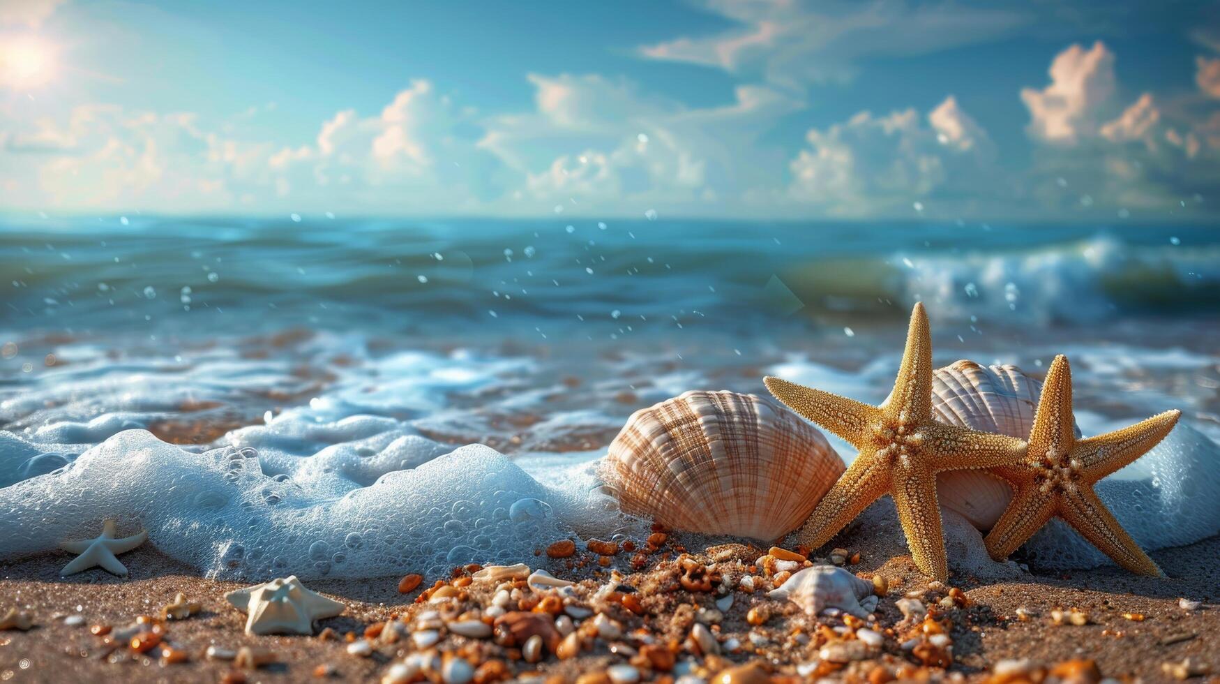 ai generiert zwei Seesterne und Muscheln auf ein sandig Strand foto