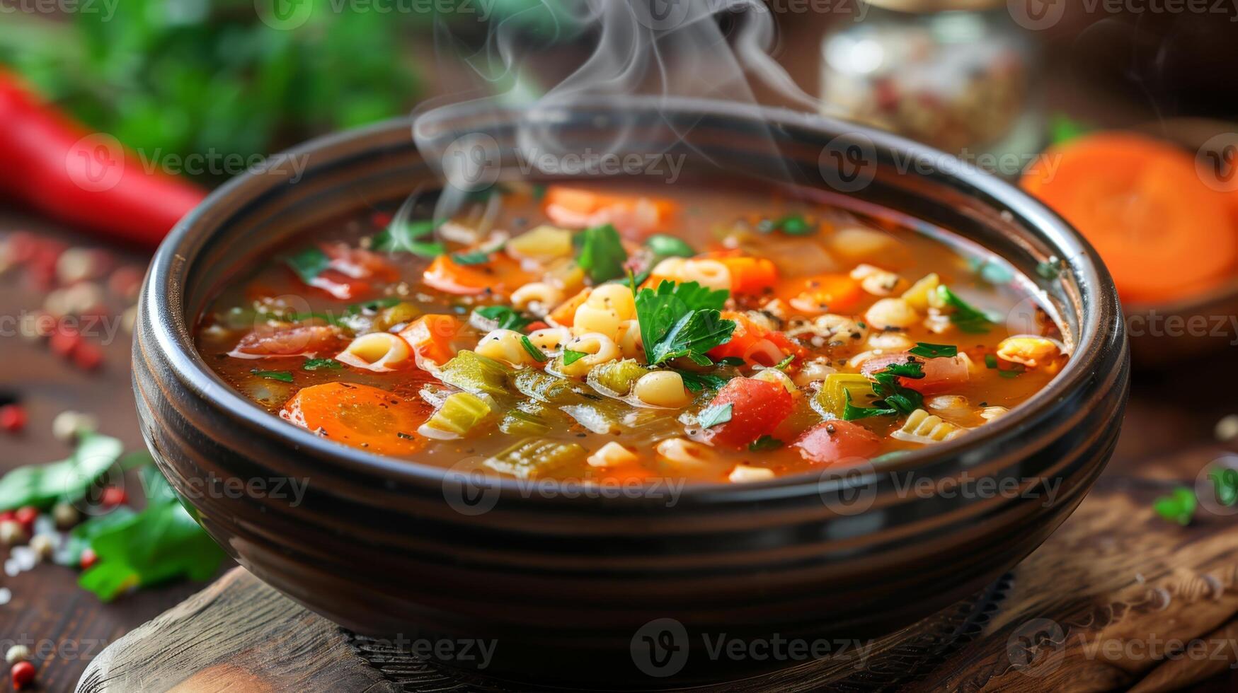 ai generiert ein dämpfen Schüssel von Minestrone Suppe mit Gemüse und Pasta foto