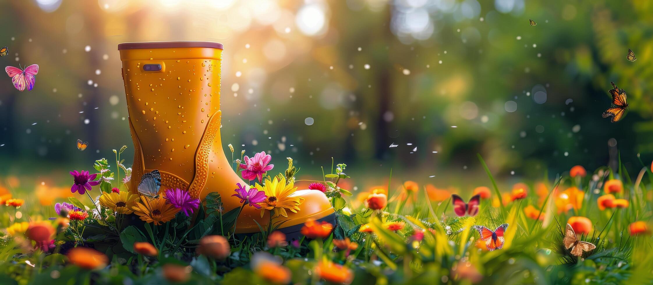 ai generiert Paar von Gelb Regen Stiefel mit Blumen foto