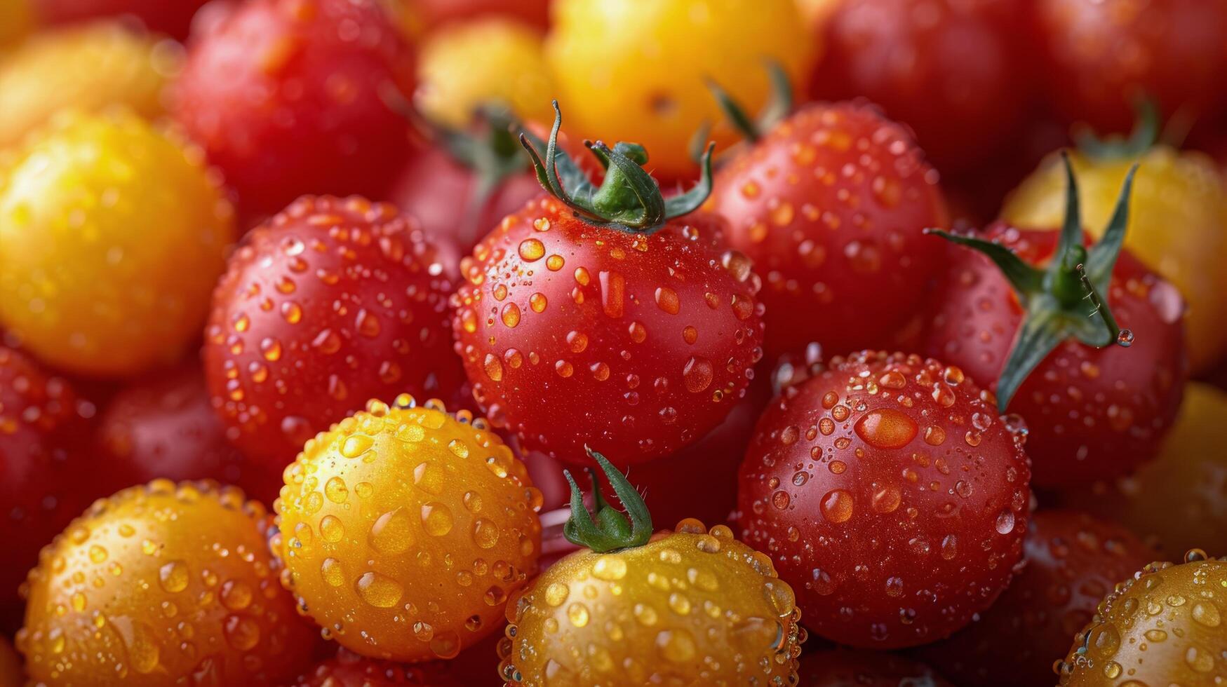 ai generiert rot und Gelb Tomaten mit Wasser Tröpfchen foto