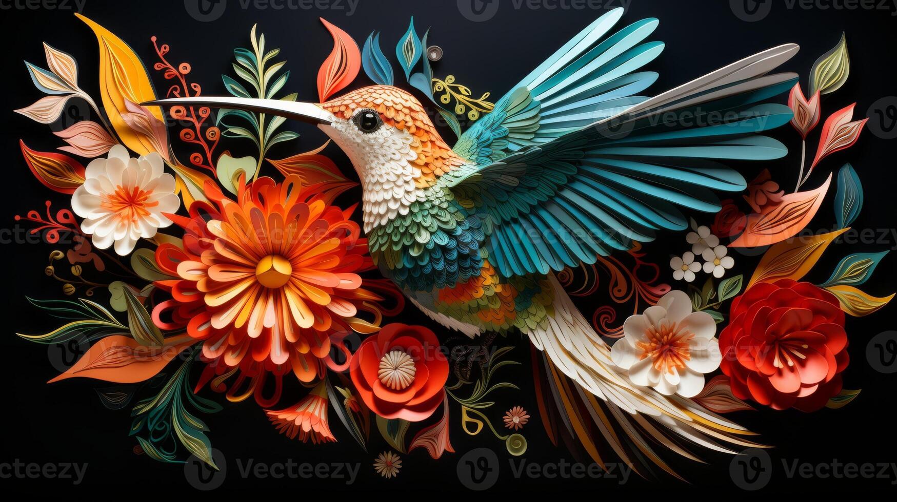 ai generiert realistisch Papier Schnitt Kolibri in der Nähe von Wald Blumen, beschwingt Farben foto
