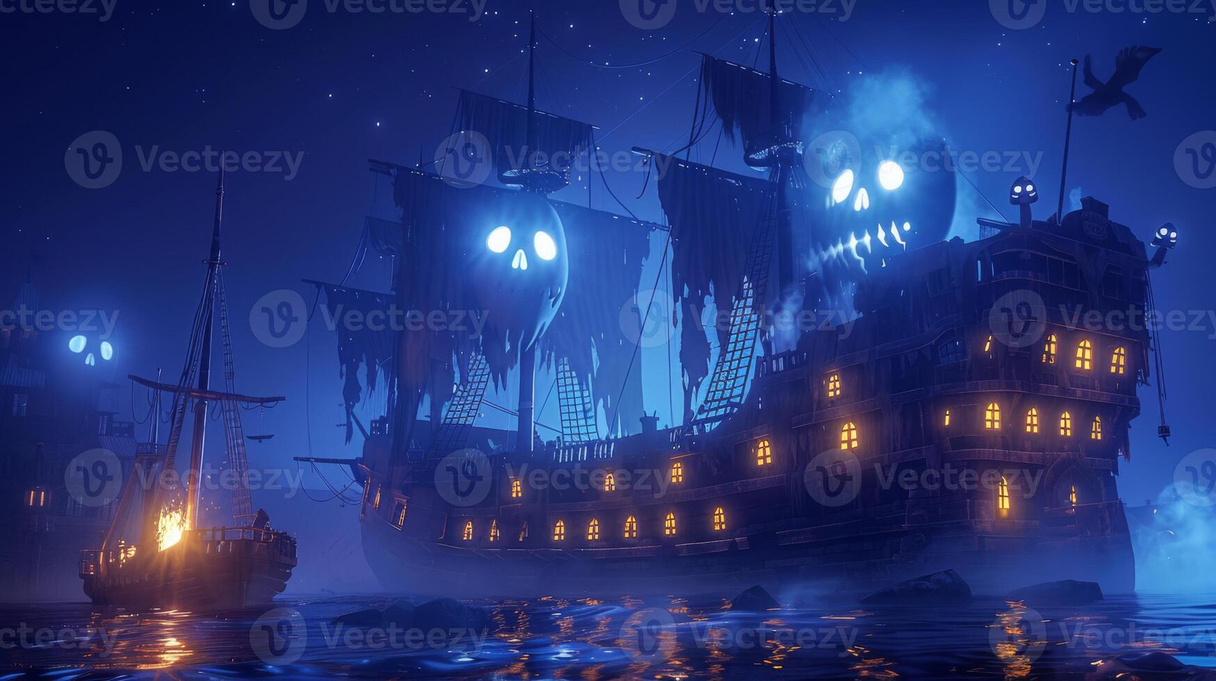ai generiert ein verfolgt Pirat Schiff mit Geist Besatzung, unheimlich Karikatur 3d foto