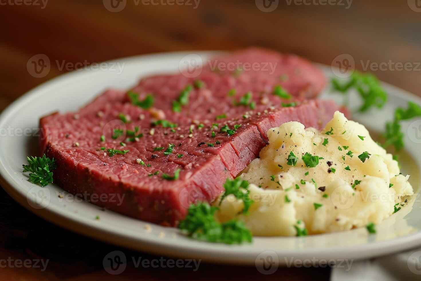 ai generiert corned Rindfleisch ist serviert mit püriert Kartoffeln. foto