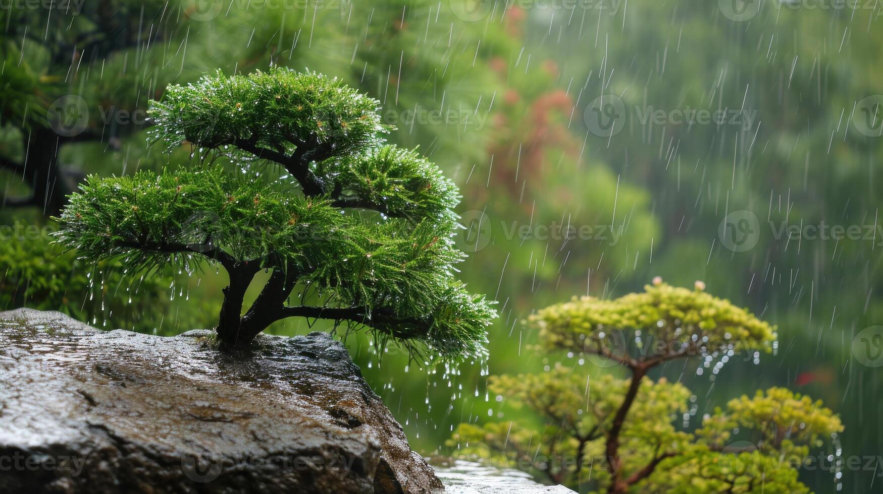 ai generiert japanisch Garten Kiefer Bäume im Frühling Regen. foto