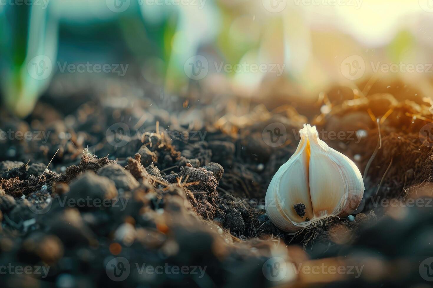 ai generiert Knoblauch im das Gemüse Garten. das Konzept von Frühling oder Herbst Gartenarbeit. foto