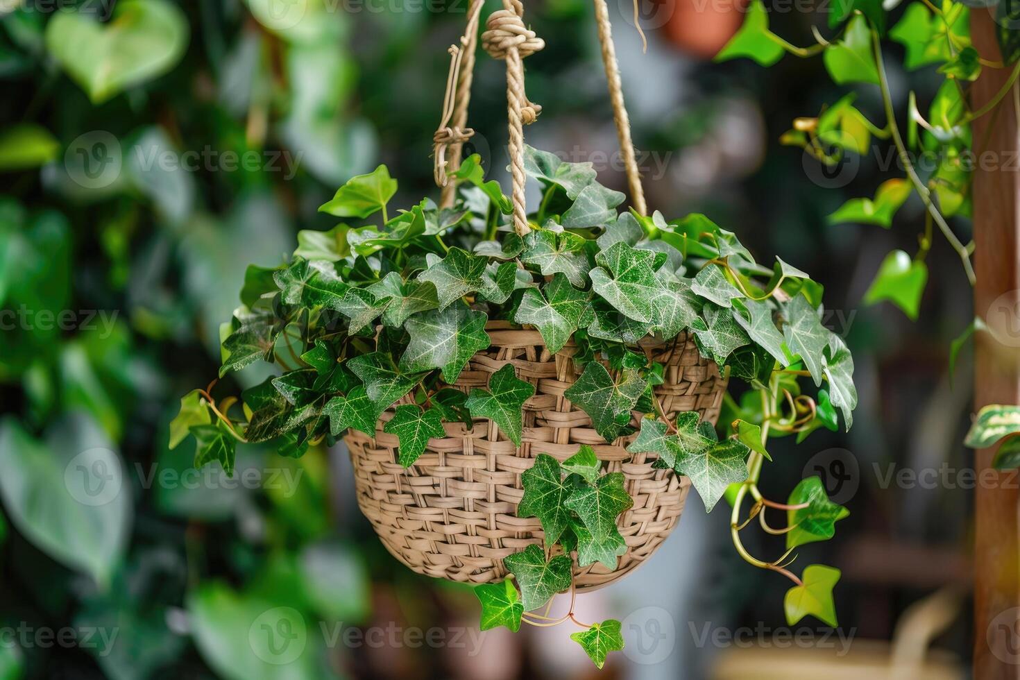 ai generiert das Konzept von Zuhause und Garten von Stämme Efeu gewachsen im ein hängend Korb auf Pflanze Kindergarten, Zier Schlingpflanzen. foto