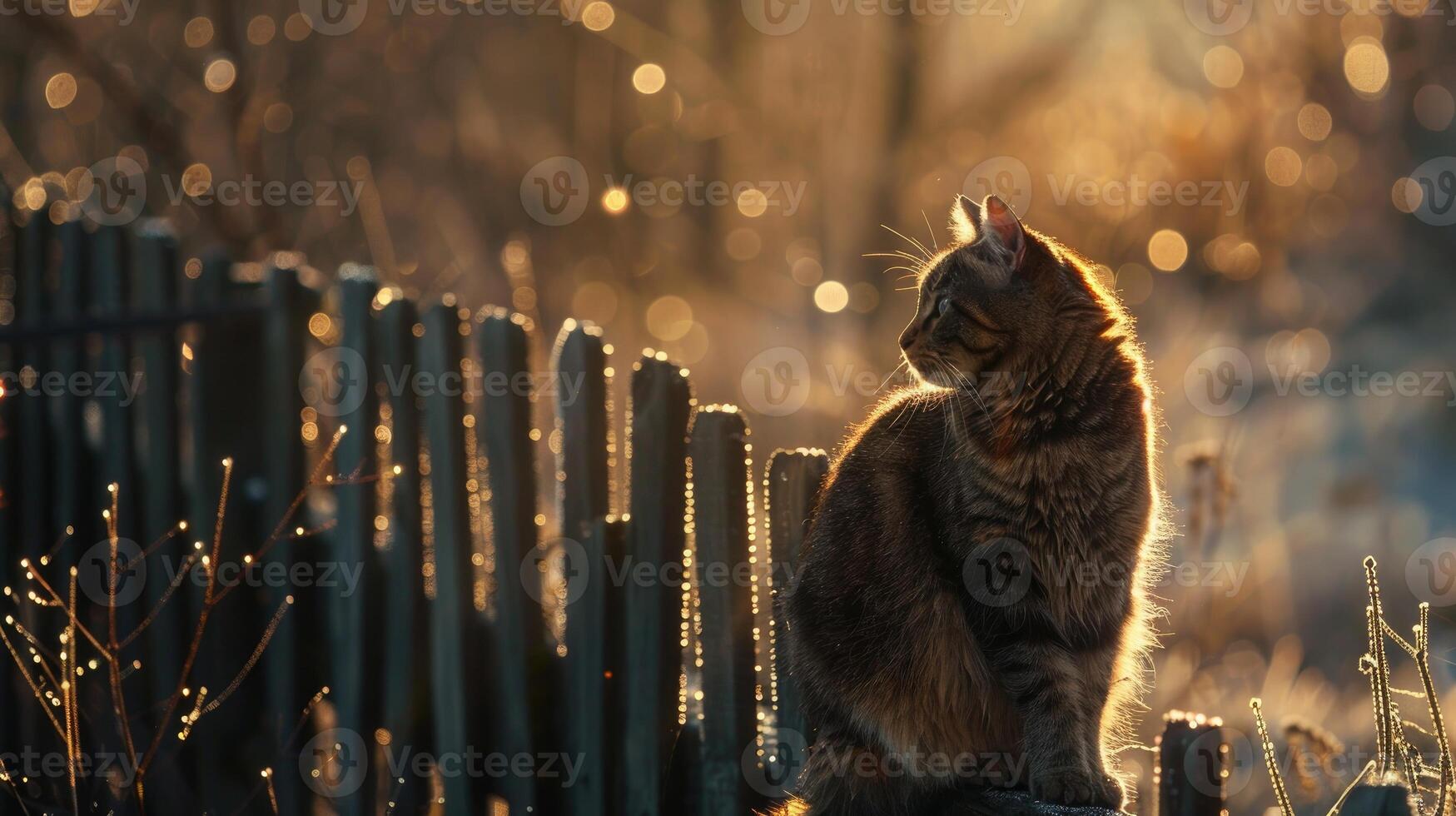 ai generiert Katze Sitzung auf ein Zaun foto