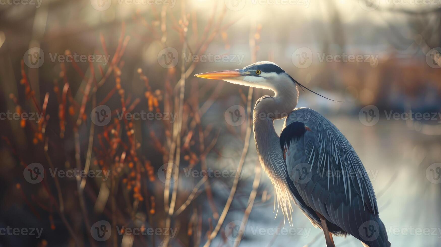 ai generiert selektiv Fokus Schuss von ein schön großartig Blau Reiher. foto