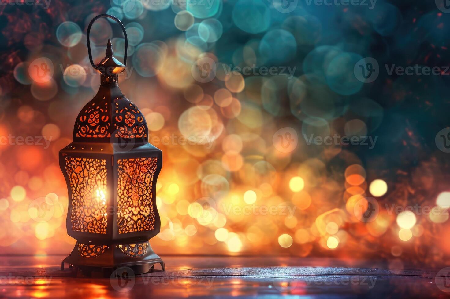 ai generiert Ramadan kareem Kalligraphie, Zier Arabisch Laterne mit Verbrennung Kerze glühend beim Nacht. Gruß Karte, Einladung zum Muslim heilig Monat Ramadan karem. foto