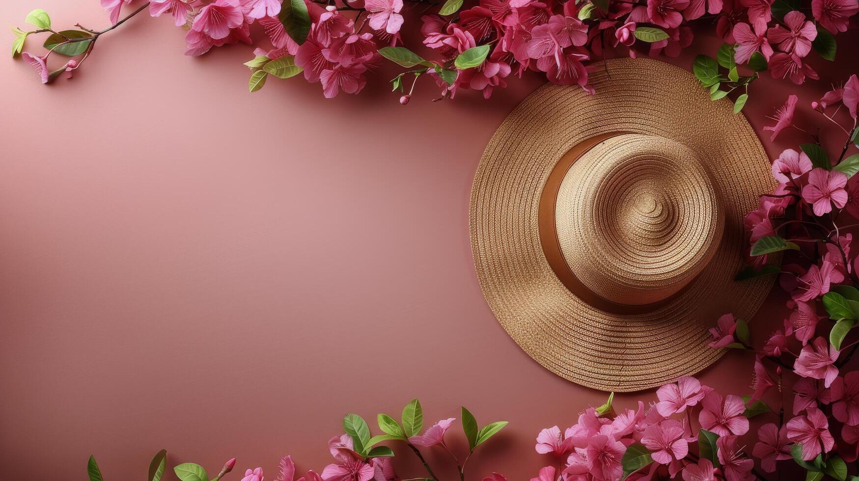 ai generiert Stroh Hut auf Rosa Hintergrund mit Rosa Blumen foto