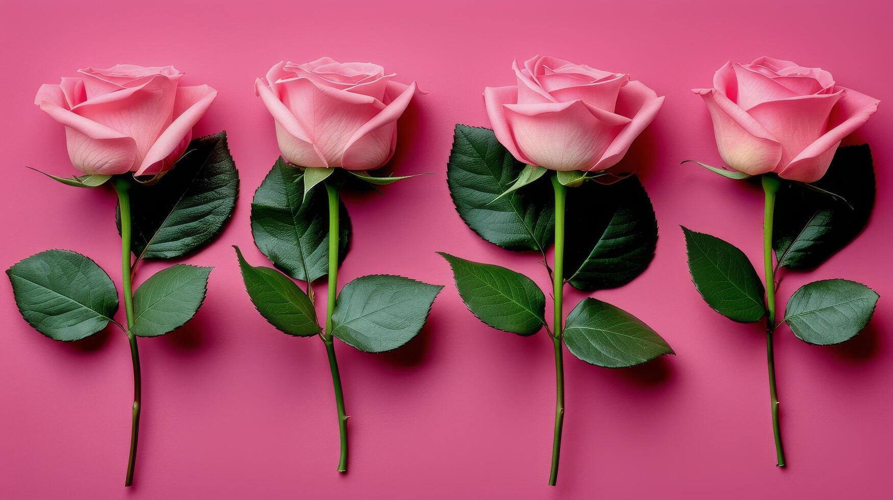 ai generiert fünf Rosa Rosen mit Grün Blätter auf ein Rosa Hintergrund foto