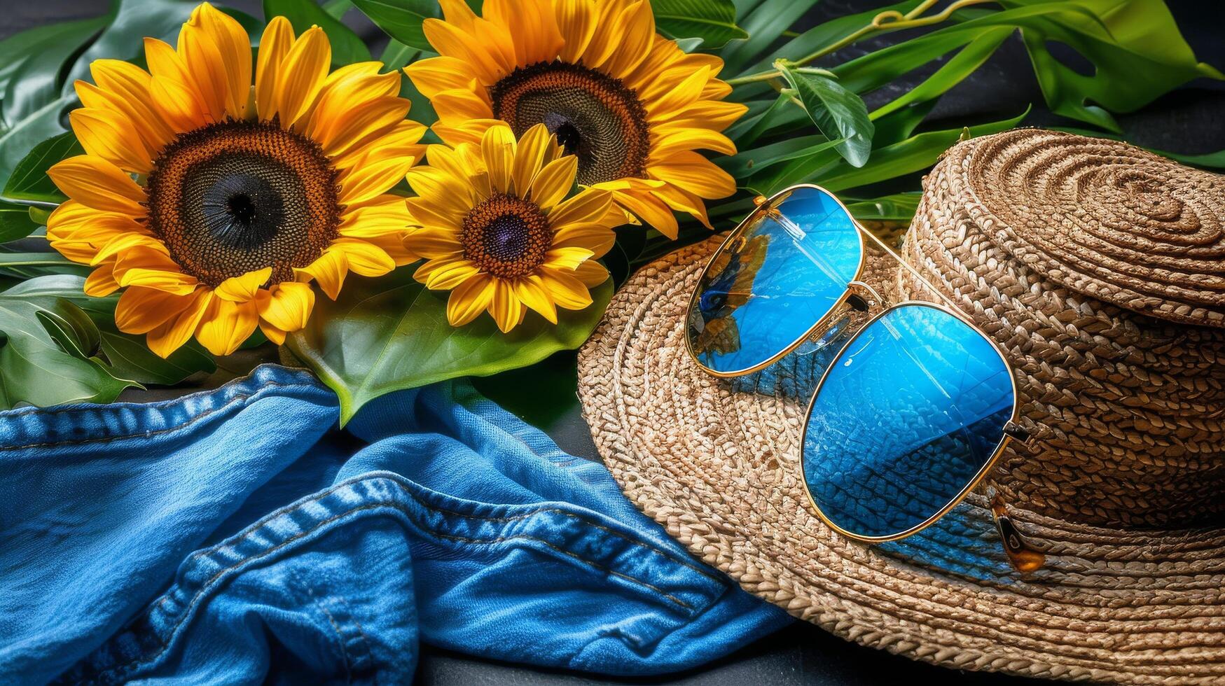 ai generiert Sonne Hut, Sonnenbrille, Sonnenblumen auf Decke foto