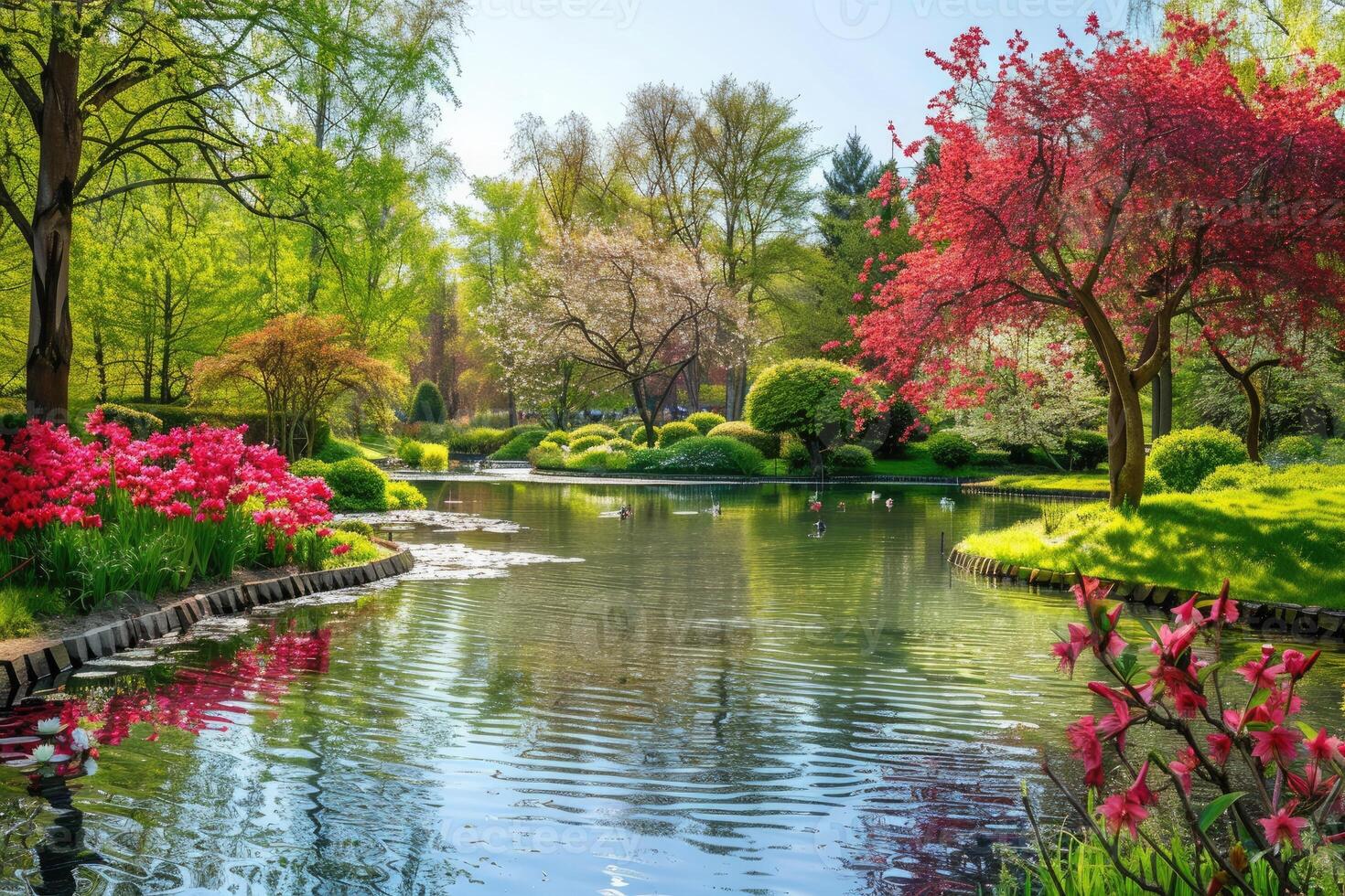 ai generiert schön Landschaftsbau mit schön Pflanzen und Blumen. foto