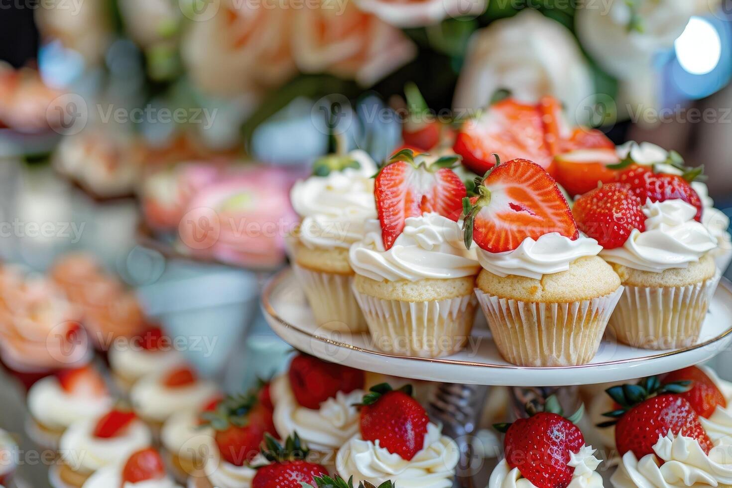 ai generiert lecker Cupcake mit cremig Belag und Scheibe von Erdbeere auf das Spitze, Süss Büfett. foto