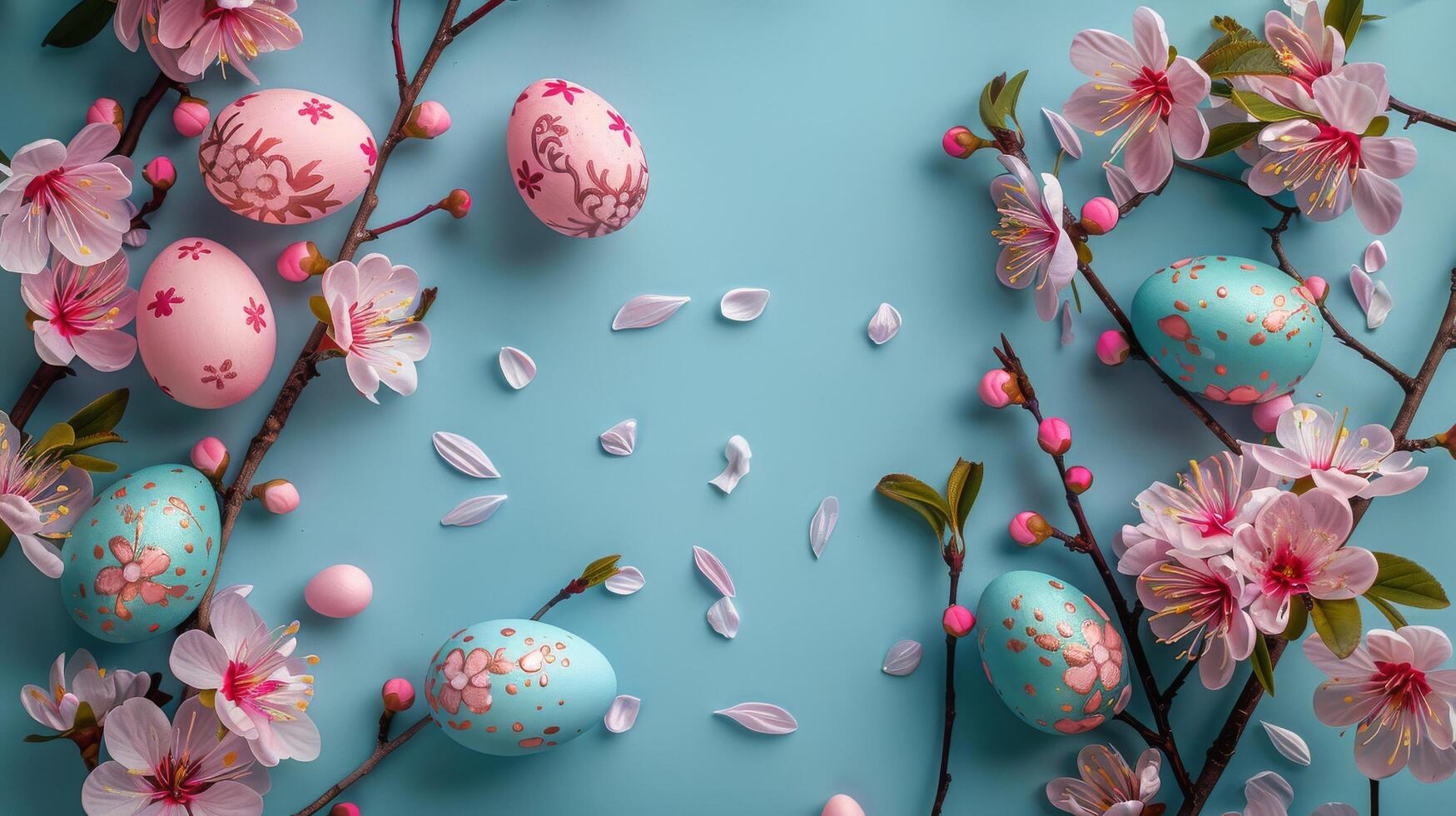 ai generiert Blau Hintergrund mit Rosa Blumen und Eier foto