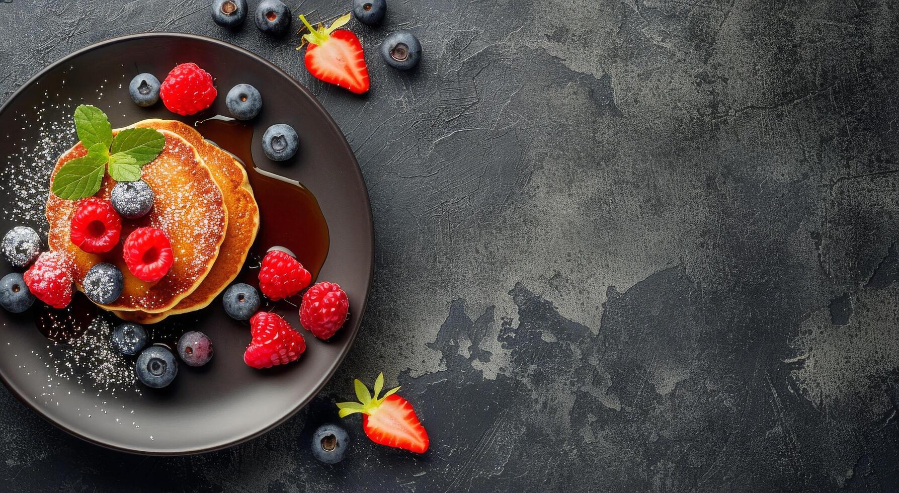 ai generiert Stapel von Pfannkuchen gekrönt mit Beeren und Sirup foto