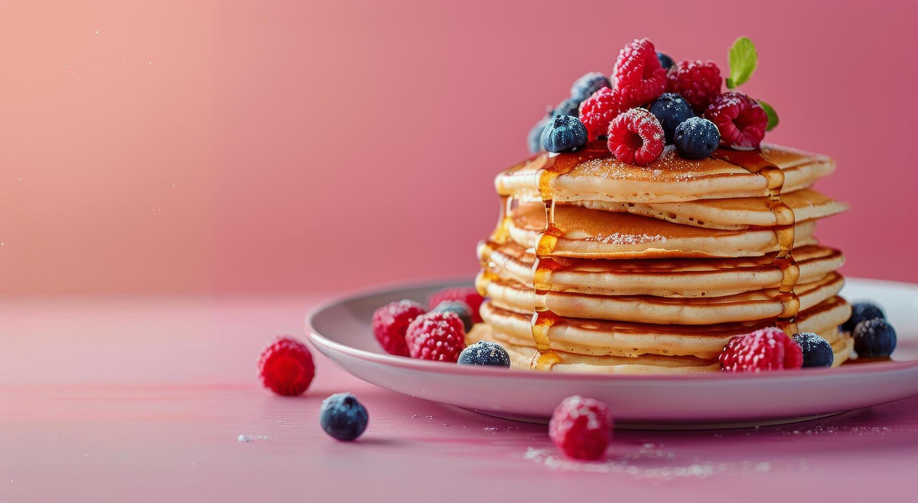 ai generiert Stapel von Pfannkuchen gekrönt mit Beeren und Sirup foto