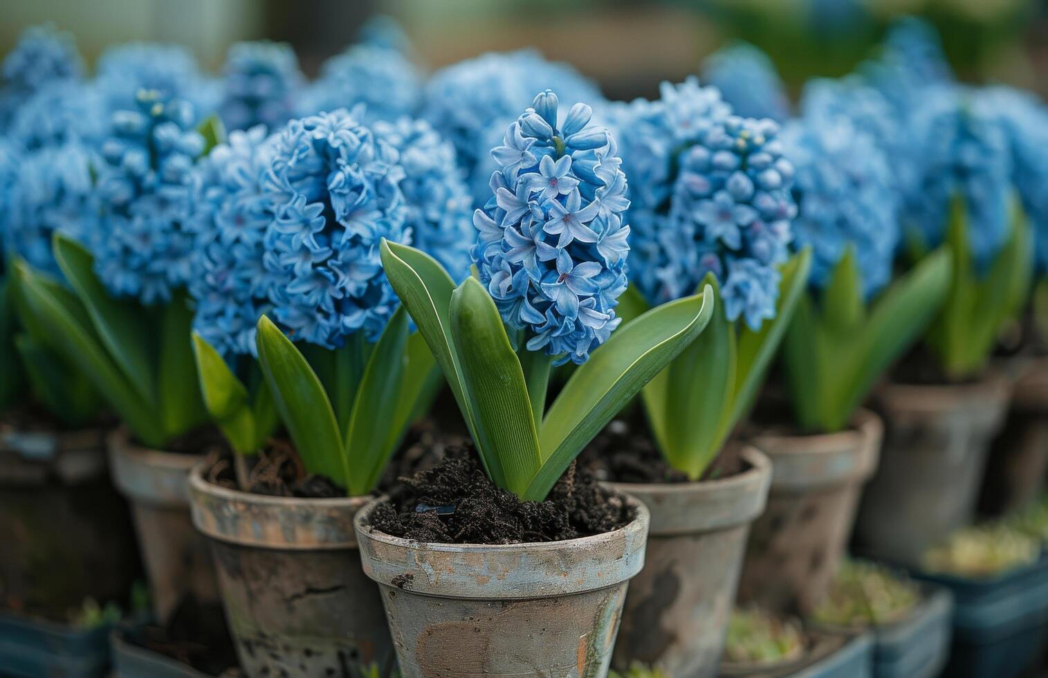 ai generiert Gruppe von Blau Blumen im ein Lehm Topf foto