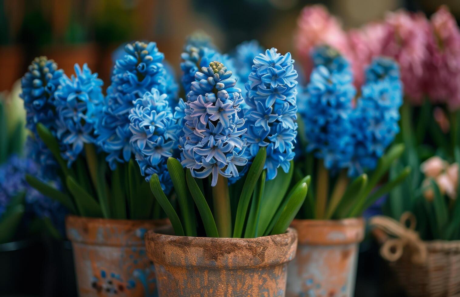 ai generiert Gruppe von Blau Blumen im ein Lehm Topf foto