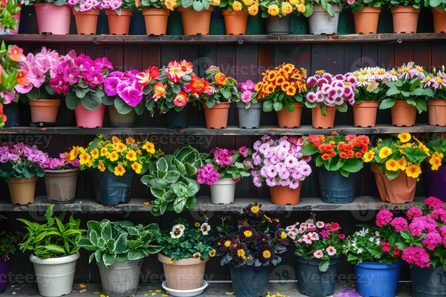 ai generiert viele bunt Blühen Blumen im Töpfe sind angezeigt auf Regal im floristisch Geschäft oder beim Straße Markt. Frühling Pflanzen. foto