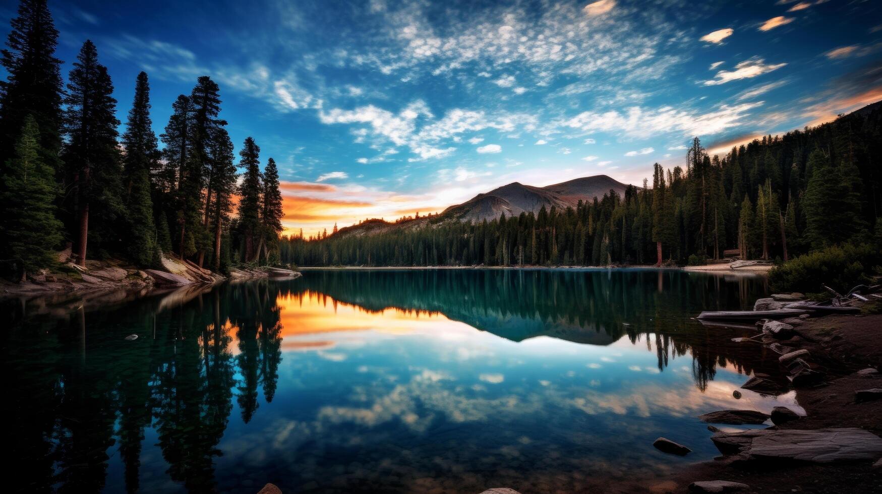 ai generiert sternenklar Himmel reflektiert auf ein friedlich See foto