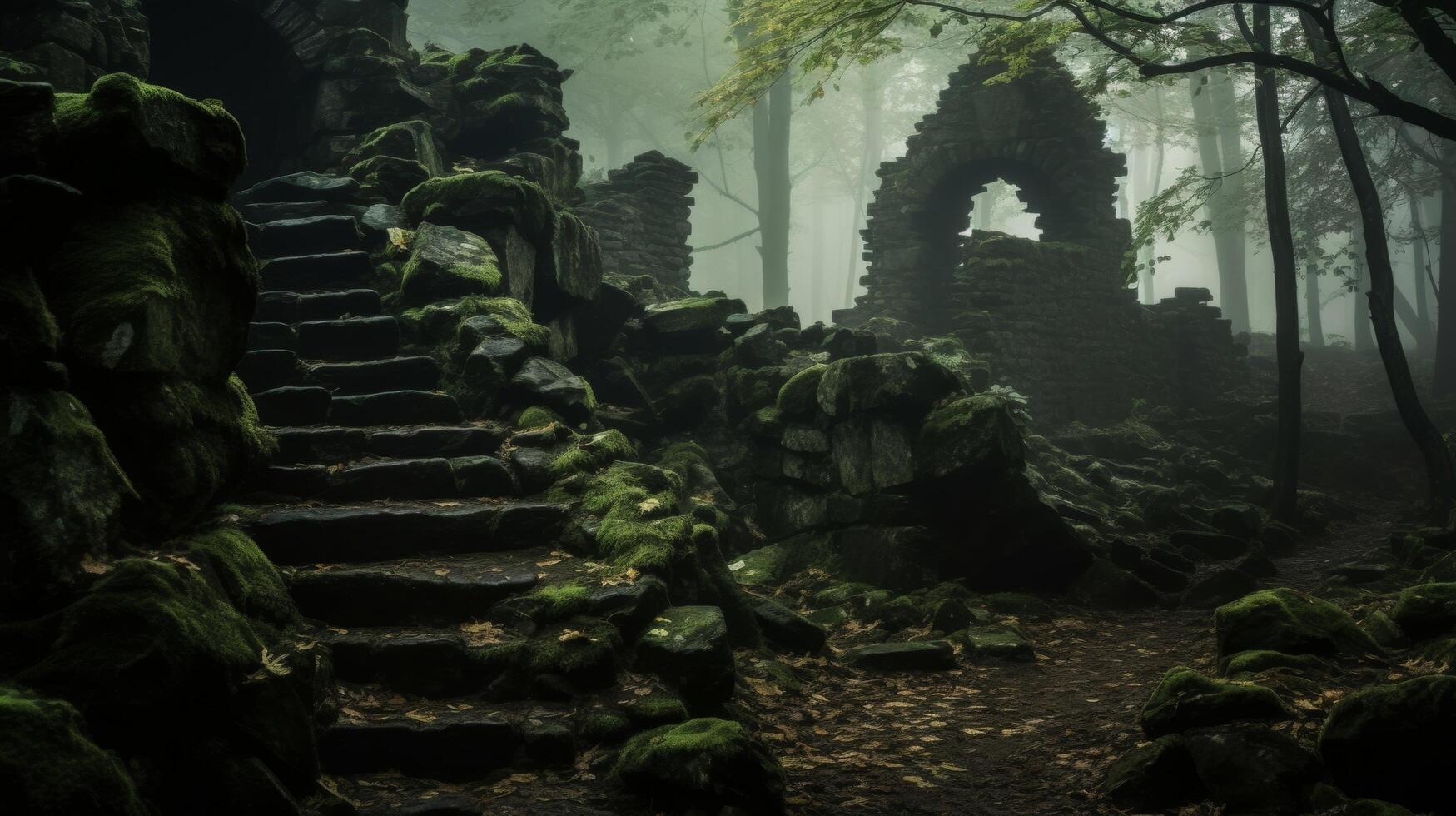 ai generiert ein alt Stein Torbogen umgeben durch neblig Bäume im ein heiter Wald foto