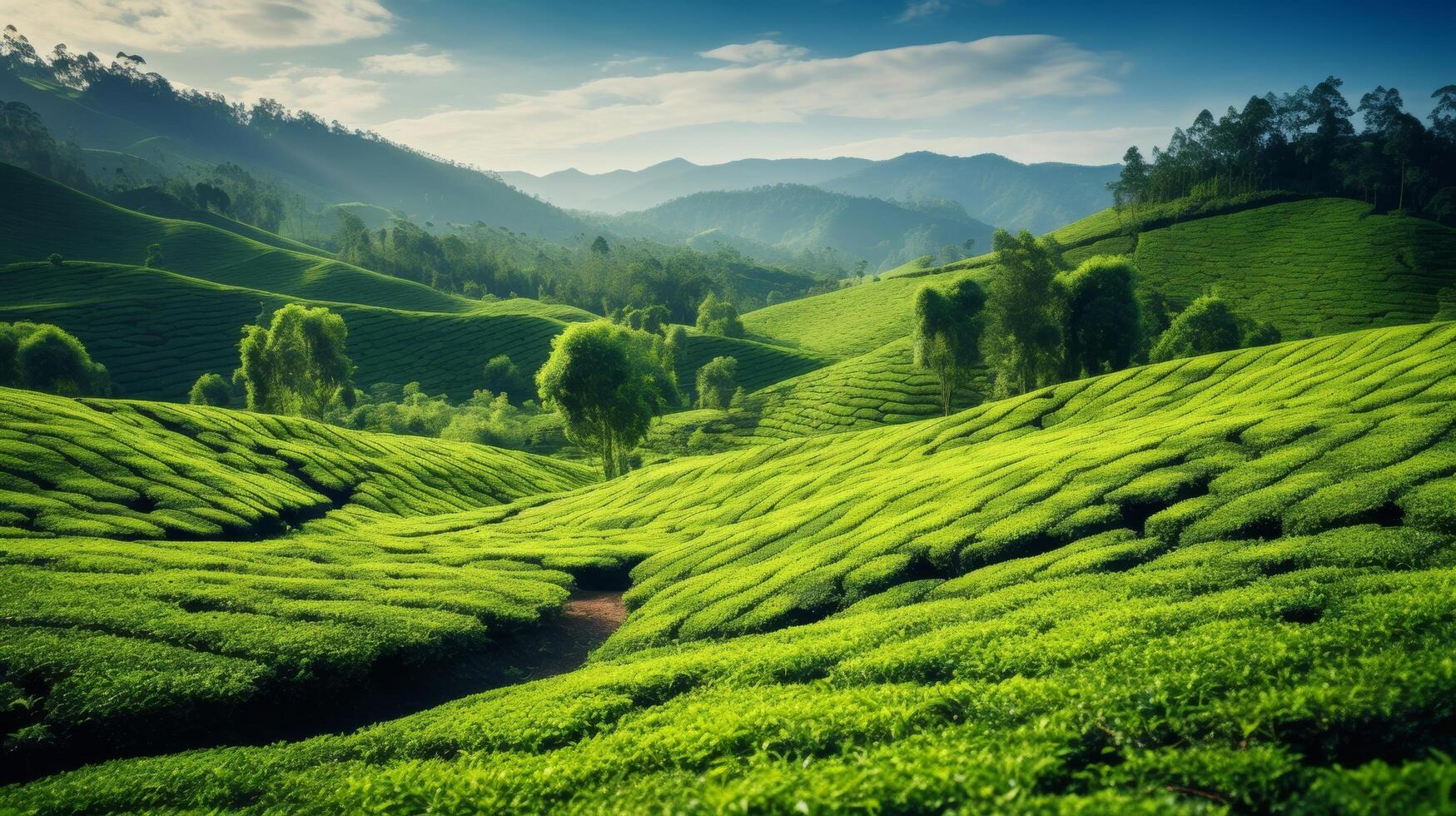 ai generiert ein Tee Plantage mit ein natürlich und friedlich Atmosphäre von Grün Terrassen und ein sonnig Himmel foto