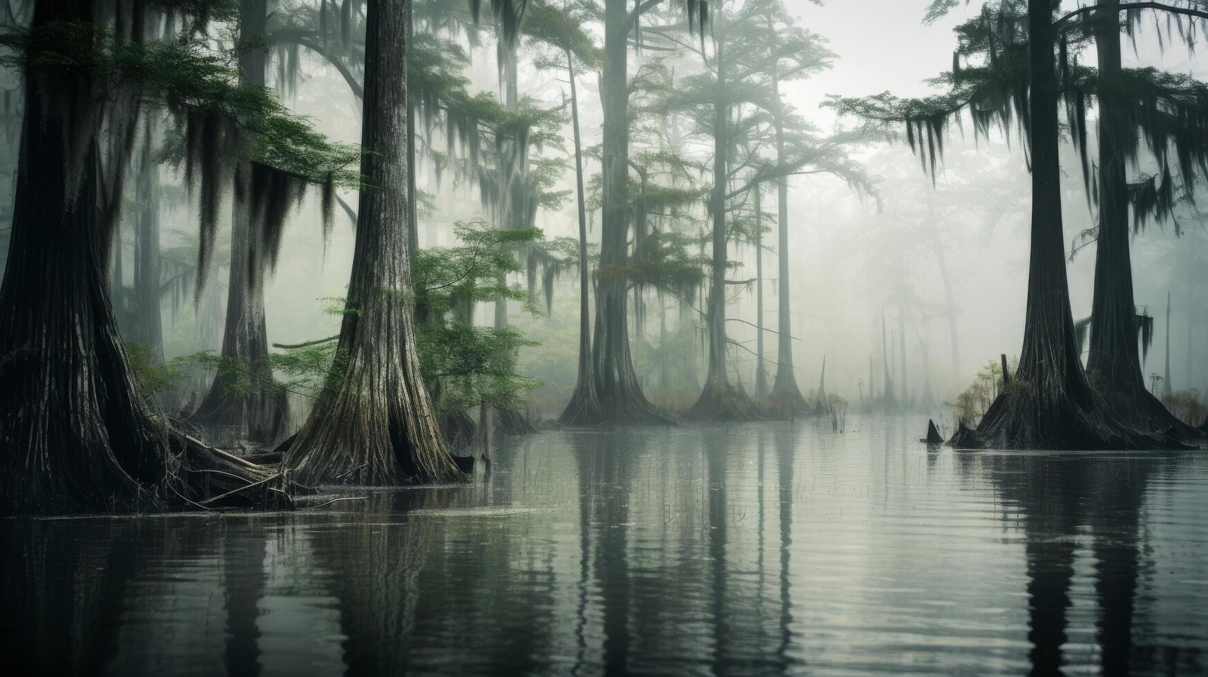 ai generiert ein nebelig Sumpf mit Zypresse Bäume und Wasser im das Hintergrund foto