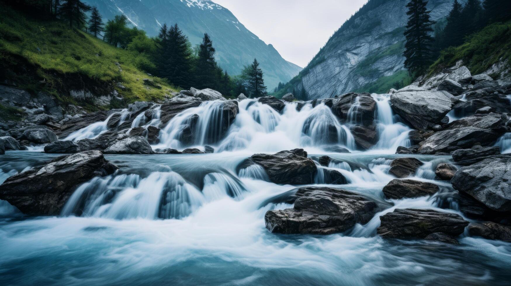 ai generiert Fernbedienung Berg Fluss mit Kaskadierung Wasserfälle und Bäume foto