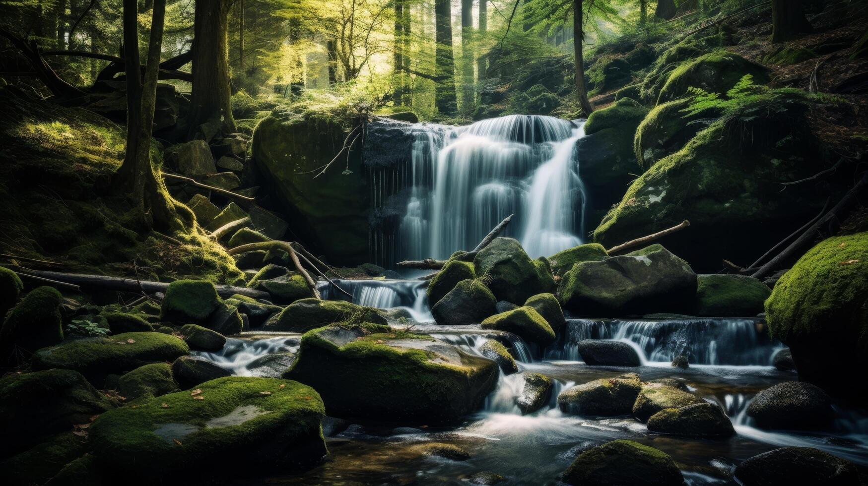 ai generiert ein Wald mit ein versteckt Wasserfall und Grün Bäume und Pflanzen foto