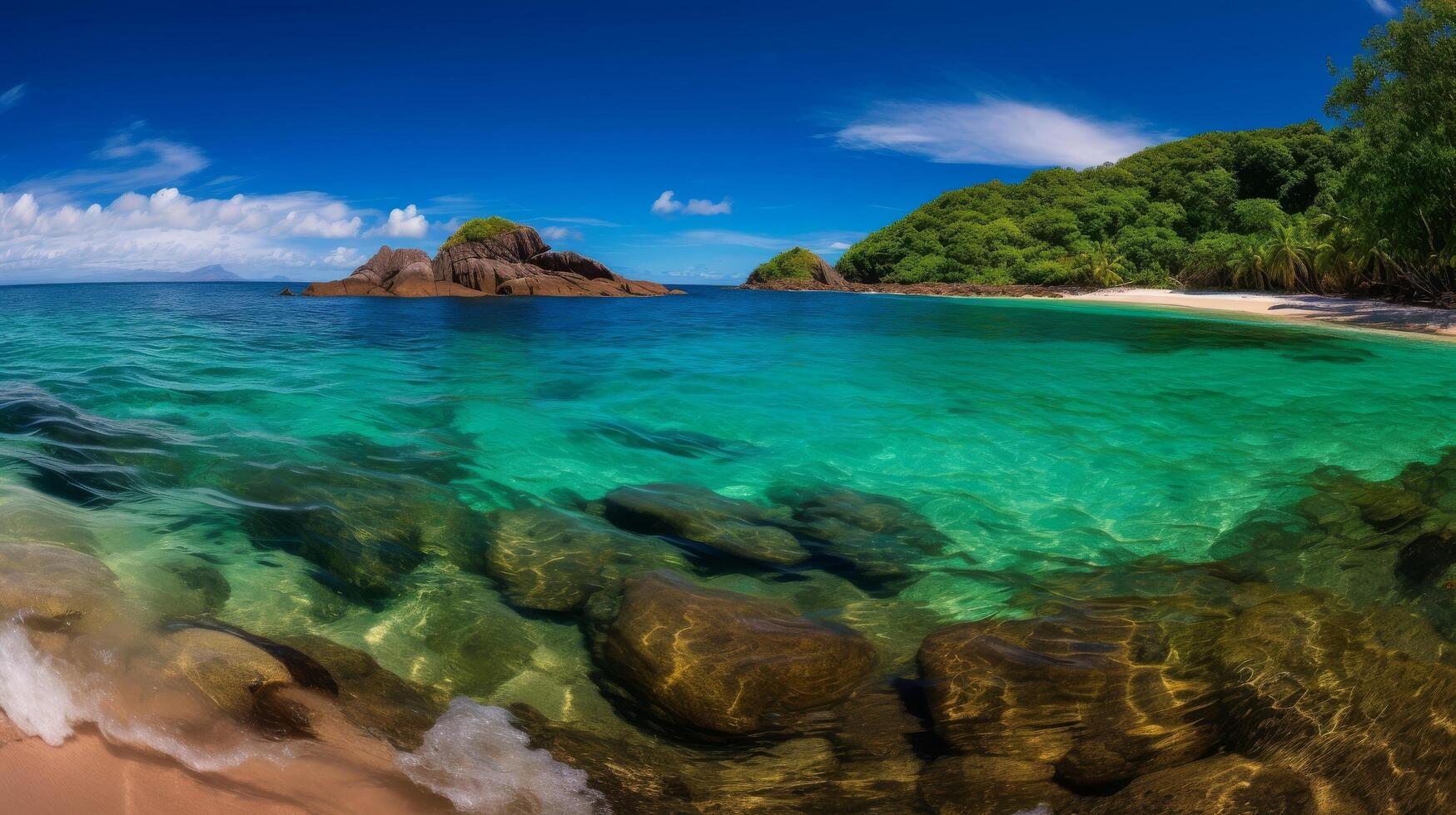 ai generiert ein Paradies Strand mit Kristall klar Wasser ein Selten und tolle Sicht zu Zeuge foto