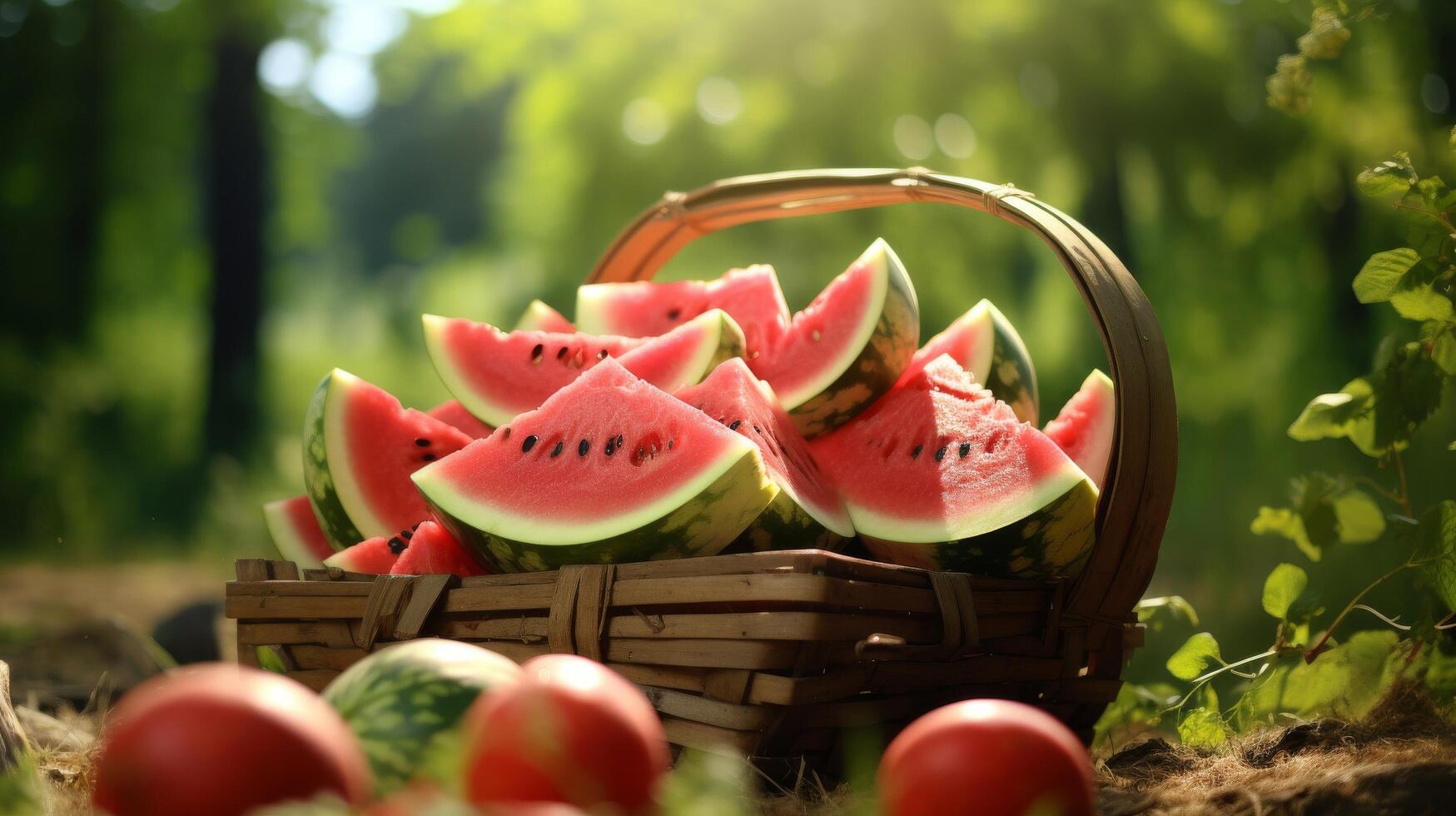 ai generiert sommerlich Szene mit ein Korb von reif Wassermelone Brocken foto