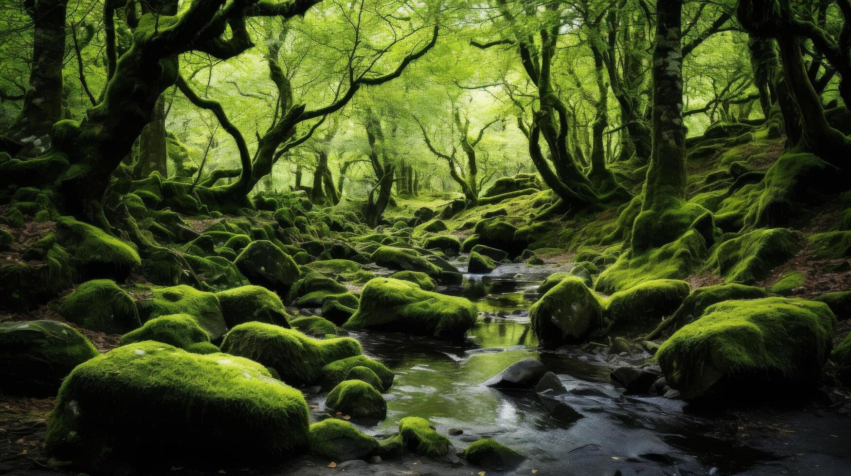 ai generiert ein still Szene von ein Wald mit Moos bedeckt Bäume und Pflanzen und ein Sonnenstrahl foto