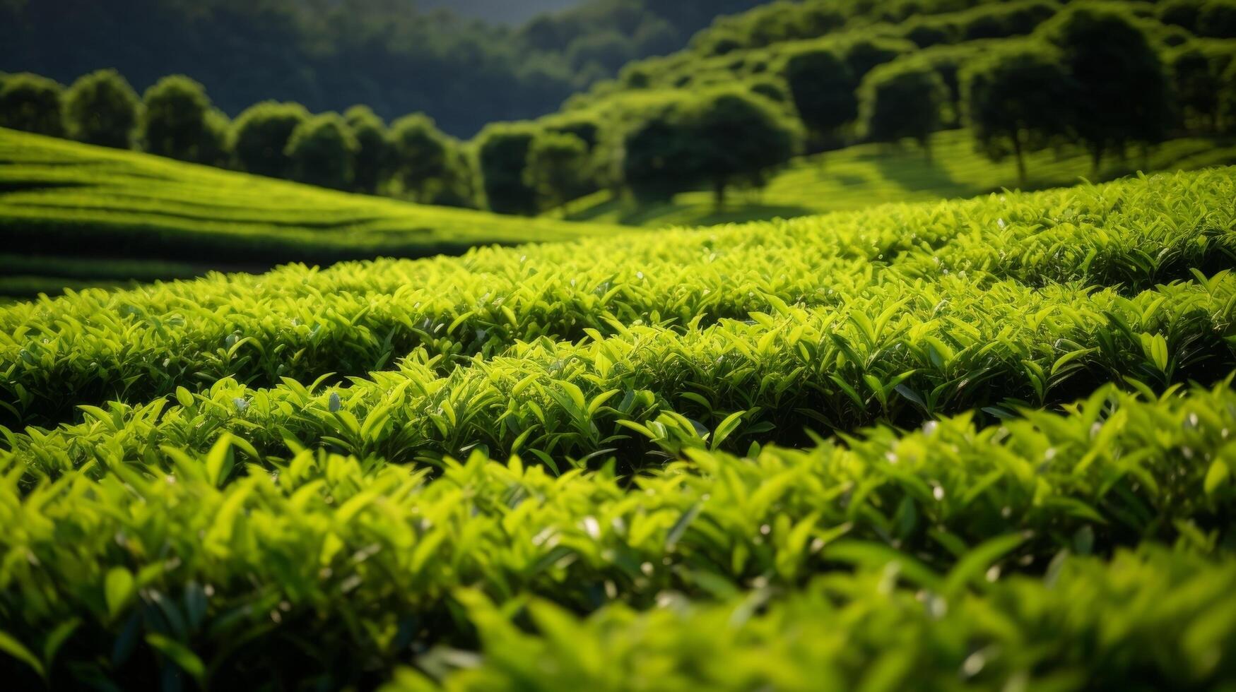 ai generiert heiter Hang geschmückt mit sorgfältig vereinbart worden Reihen von Grün Tee Gebüsch foto