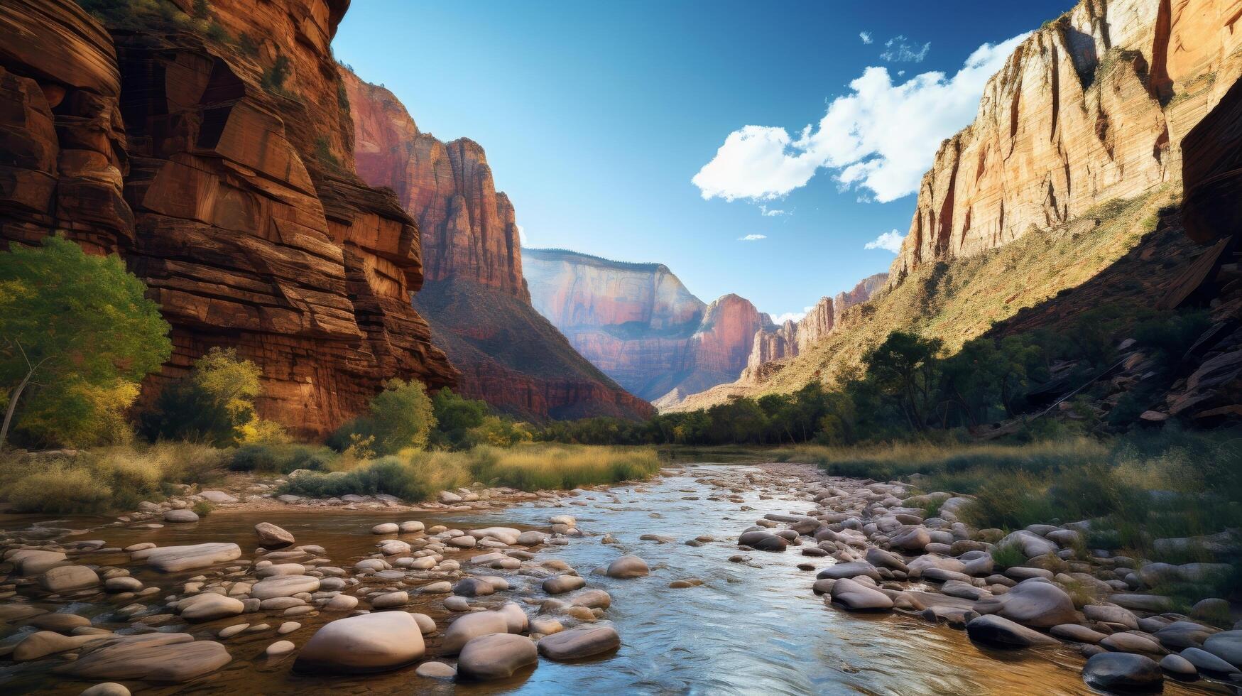 ai generiert eng Schlucht Fußboden mit Fluss und Klippen foto