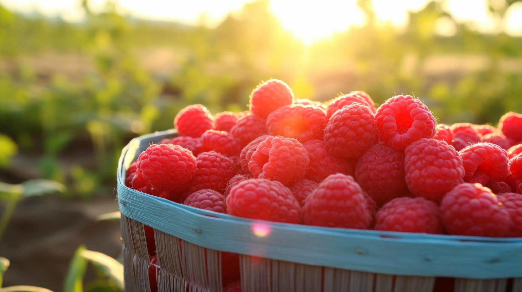 ai generiert Sonne gereift Himbeeren vorgestellt im reizvoll und reichlich Körbe foto